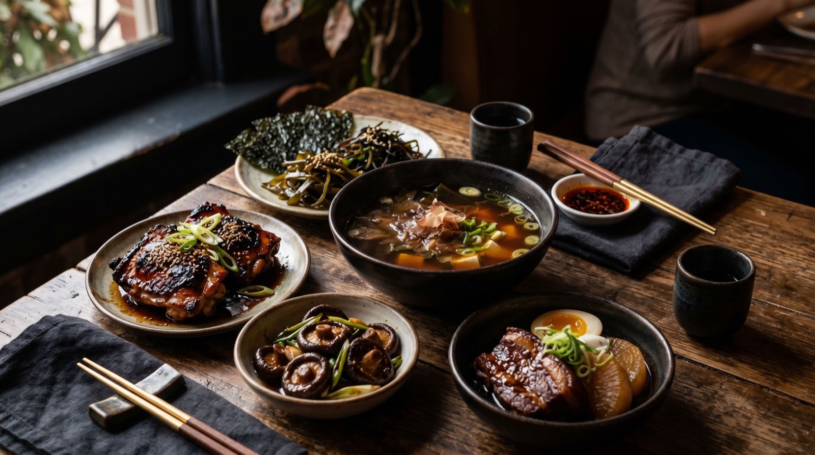 Savory umami-rich Asian dishes with miso and mushrooms